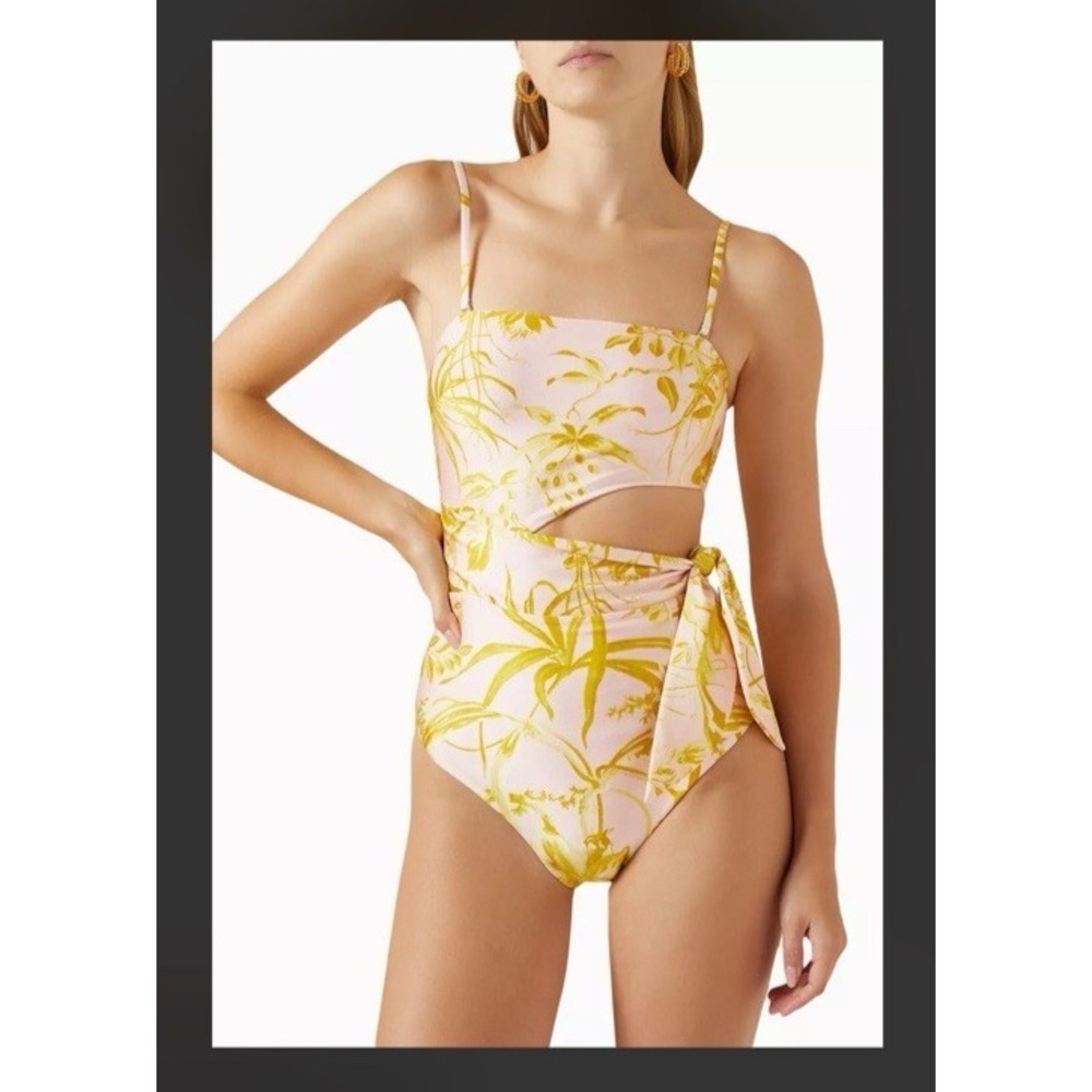 Zimmermann Sz 0/2-4 Golden Scarf  Tie 1‎ Piece Cut-Out Floral Swimsuit Pink Gold